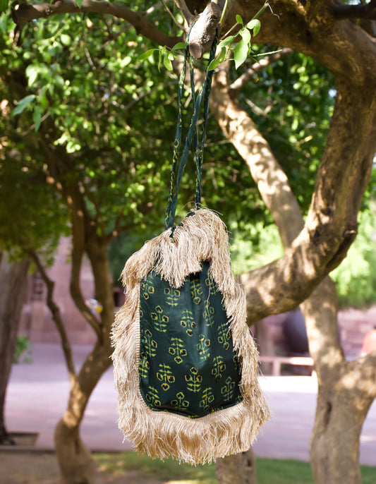 Green Block printed Potli Bag